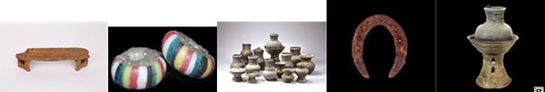 왼쪽부터 장수 삼봉리 봉수유적 출토 약연, 오색옥, 삼고리 고분출토 토기류, 말발굽, 그릇받침 